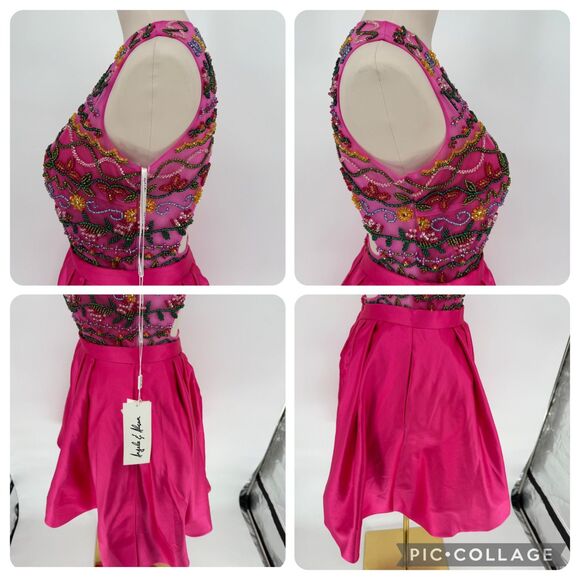 Angela & Alison Beaded Dress Pink Satin 10 Short Formal A-Line Pocket Open Back - Picture 7 of 16